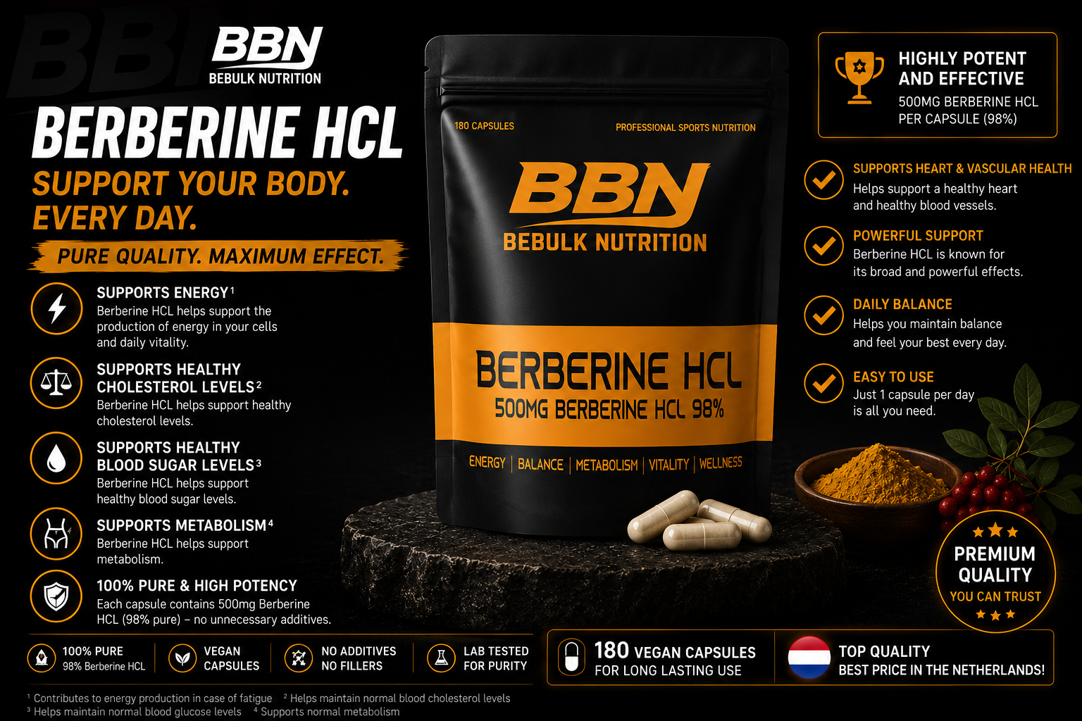 Berberin HCL 98 % – 500 mg – Vegan – BeBulk Nutrition