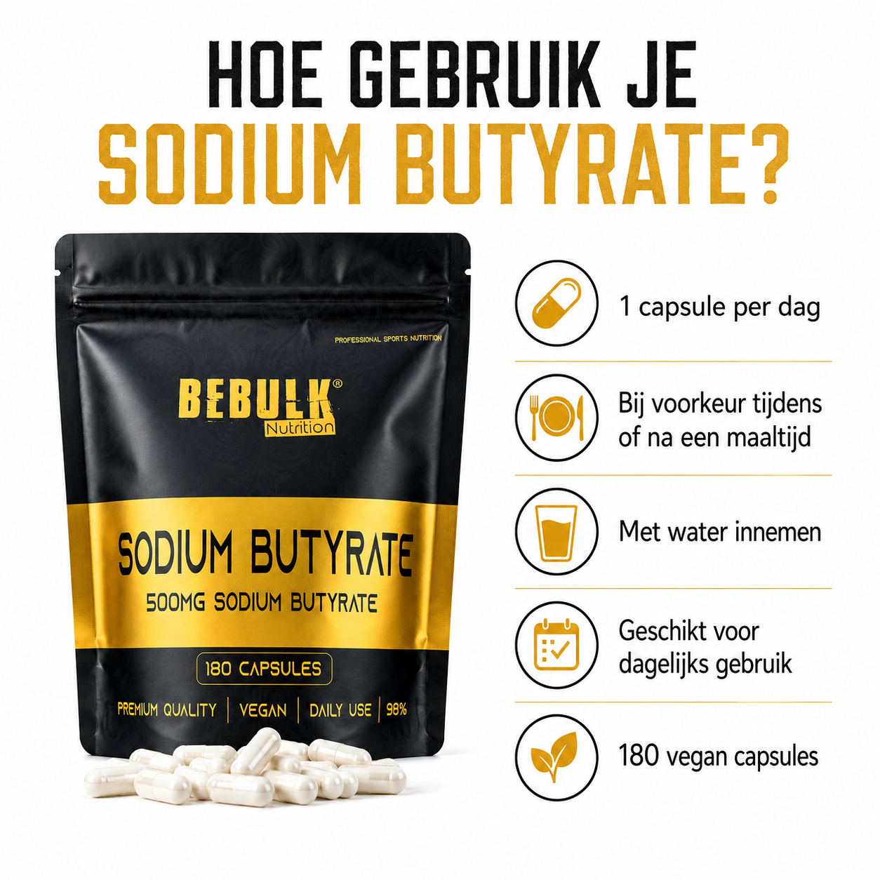 Natriumbutyrat 98 % – 500 mg – Vegan – BeBulk Nutrition