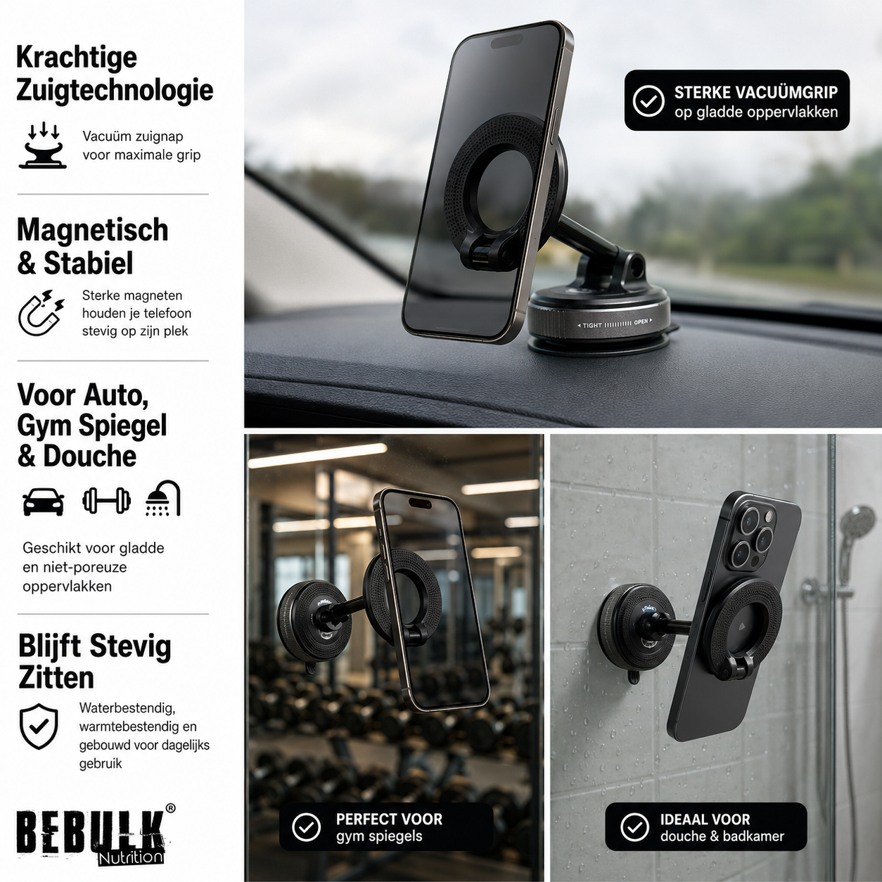 BeBulk Nutrition 360° drehbare magnetische Vakuum-Handyhalterung – Freisprechfunktion, ausziehbar, für Auto, Fitnessstudio, Spiegel und Dusche