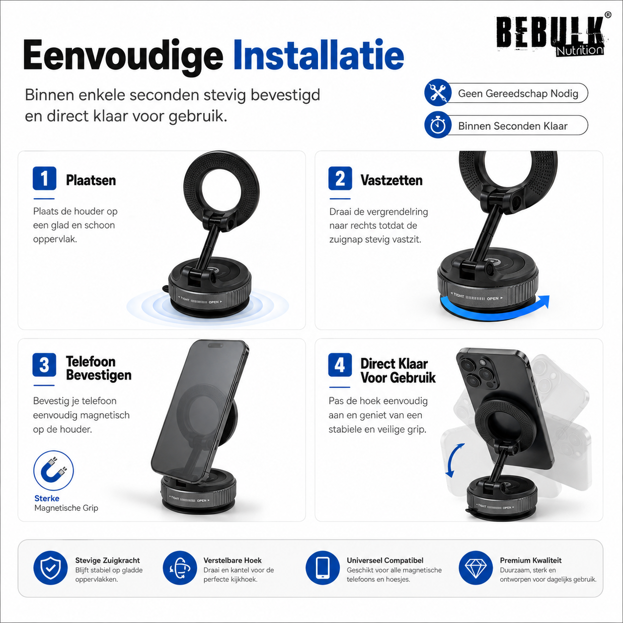 BeBulk Nutrition 360° drehbare magnetische Vakuum-Handyhalterung – Freisprechfunktion, ausziehbar, für Auto, Fitnessstudio, Spiegel und Dusche