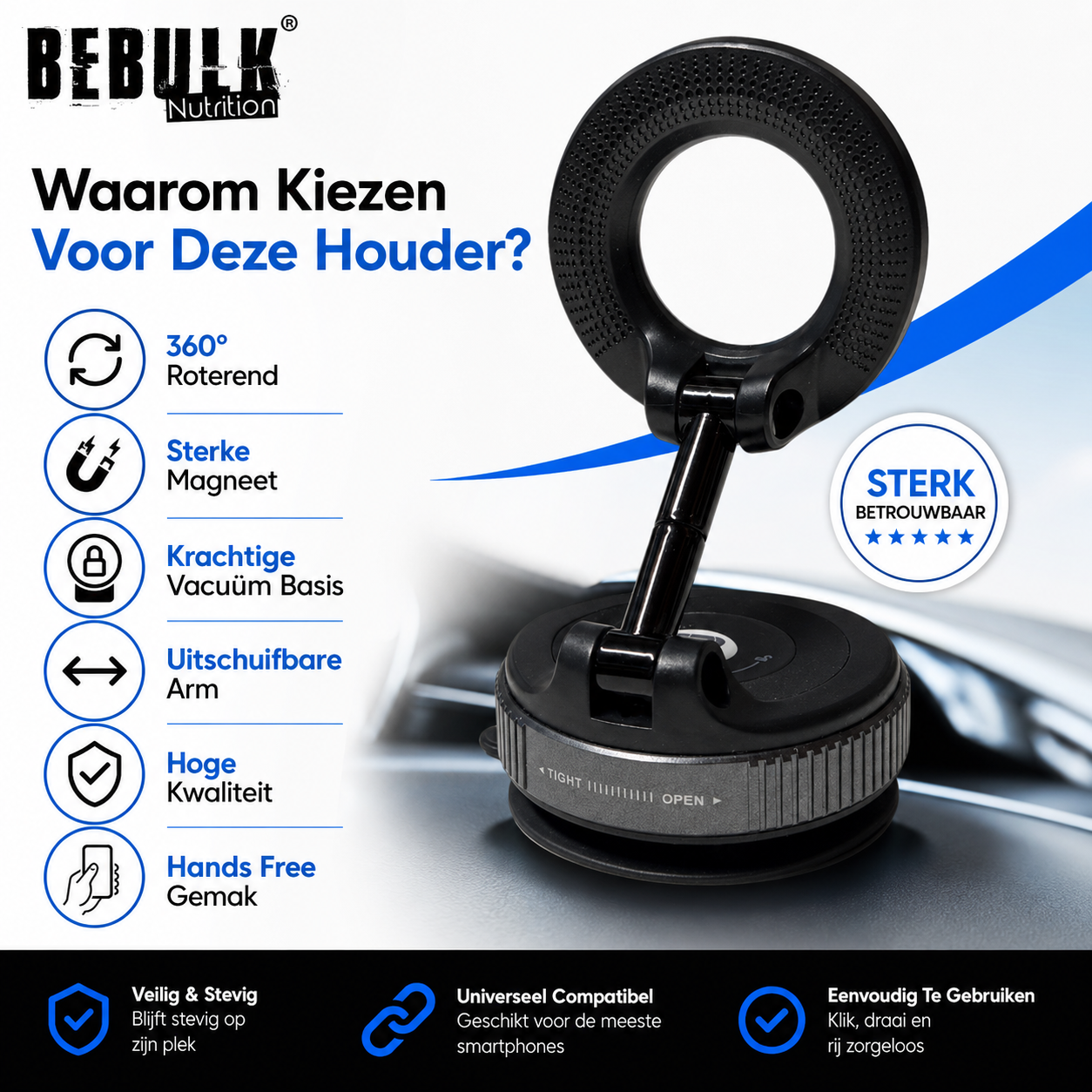BeBulk Nutrition 360° drehbare magnetische Vakuum-Handyhalterung – Freisprechfunktion, ausziehbar, für Auto, Fitnessstudio, Spiegel und Dusche