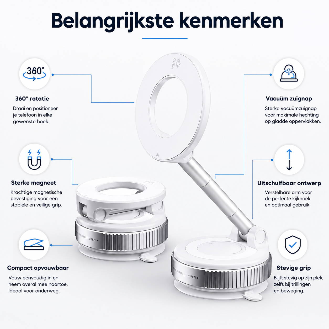 BeBulk Nutrition 360° drehbare magnetische Vakuum-Handyhalterung – Freisprechfunktion, ausziehbar, für Auto, Fitnessstudio, Spiegel und Dusche