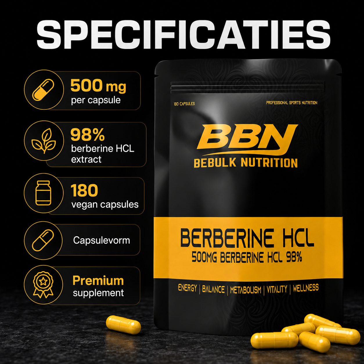 Berberin HCL 98 % – 500 mg – Vegan – BeBulk Nutrition 