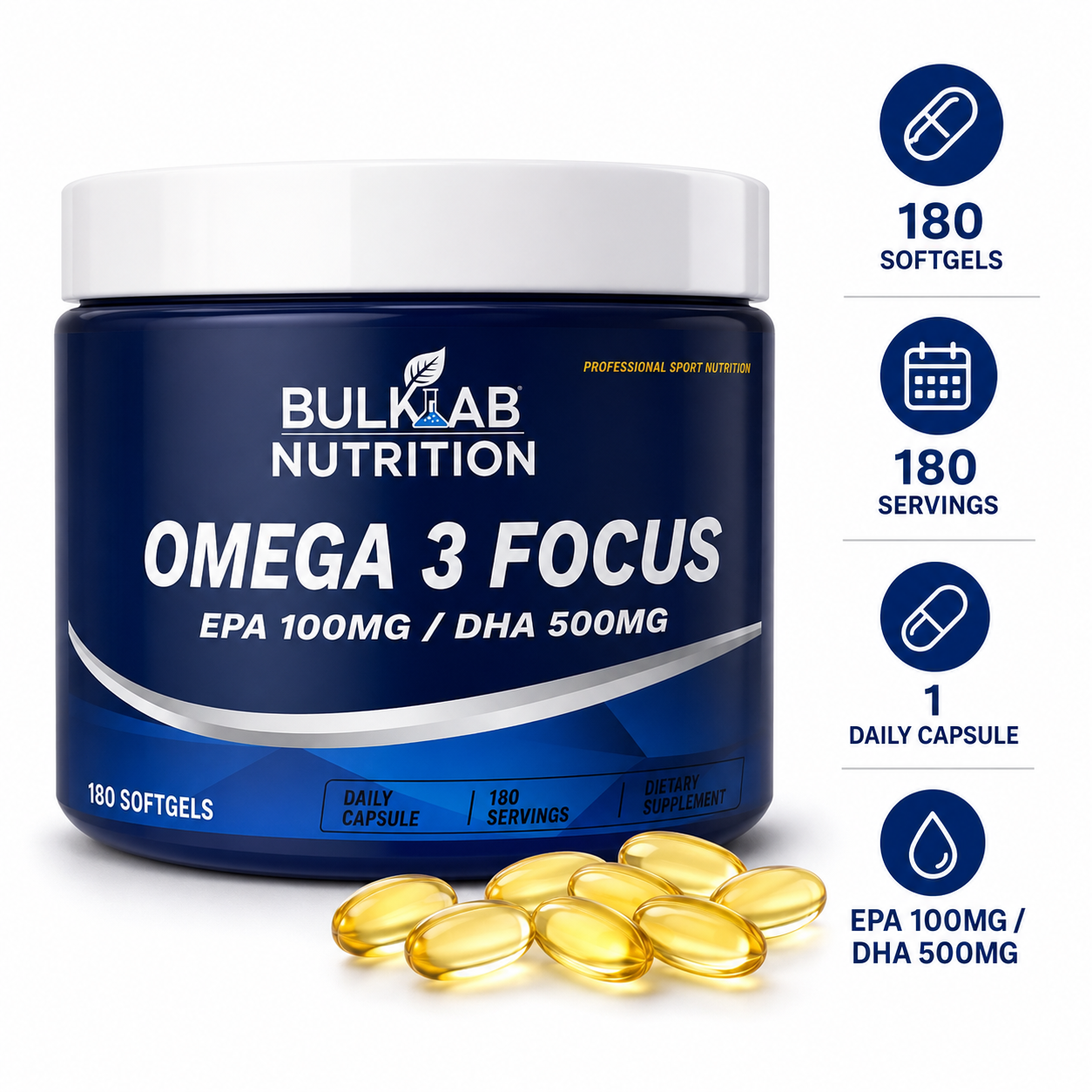 Omega-3-Fokus: EPA 100 mg / DHA 500 mg – BulkLab Nutrition 