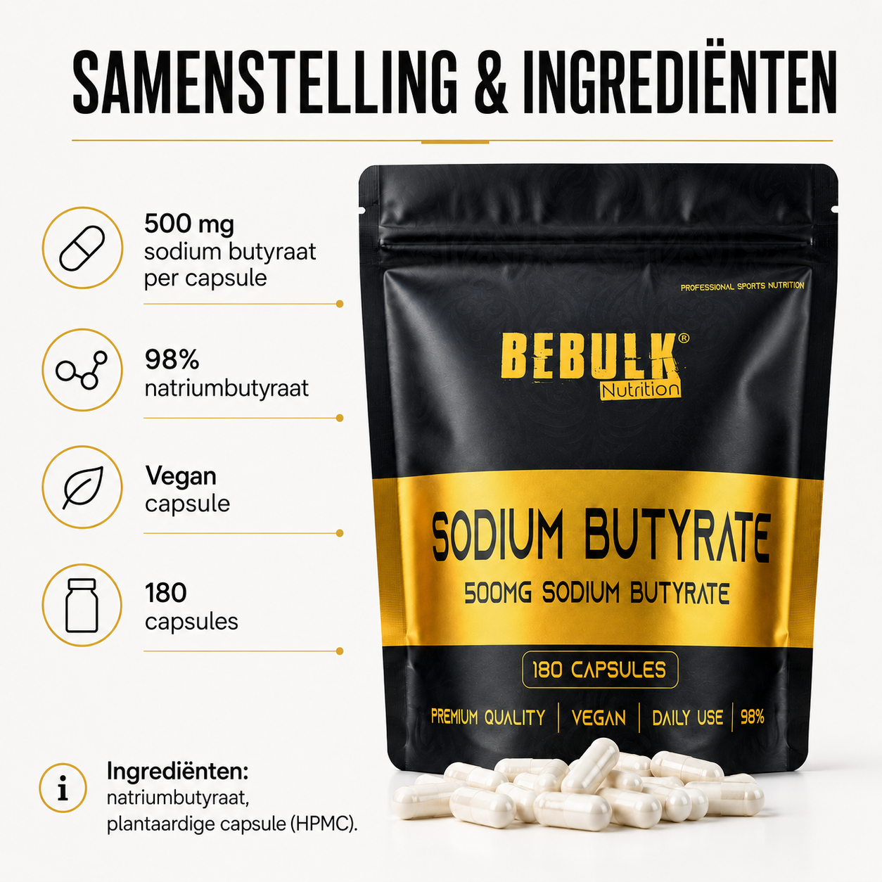 Natriumbutyrat 98 % – 500 mg – Vegan – BeBulk Nutrition 