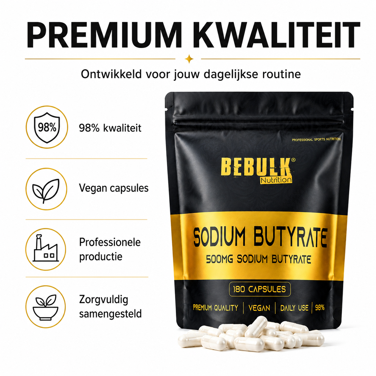 Natriumbutyrat 98 % – 500 mg – Vegan – BeBulk Nutrition 