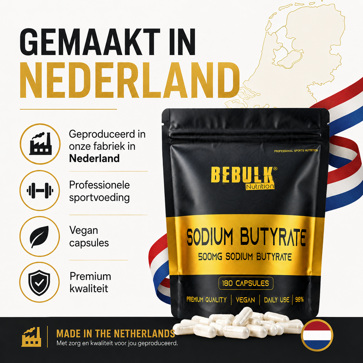 Natriumbutyrat 98 % – 500 mg – Vegan – BeBulk Nutrition 