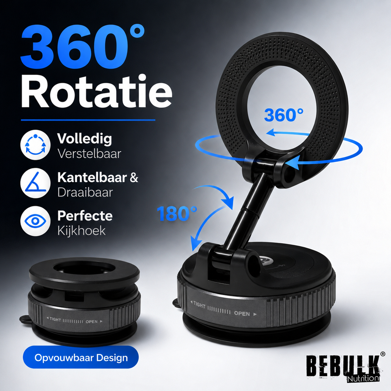 BeBulk Nutrition 360° drehbare magnetische Vakuum-Handyhalterung – Freisprechfunktion, ausziehbar, für Auto, Fitnessstudio, Spiegel und Dusche