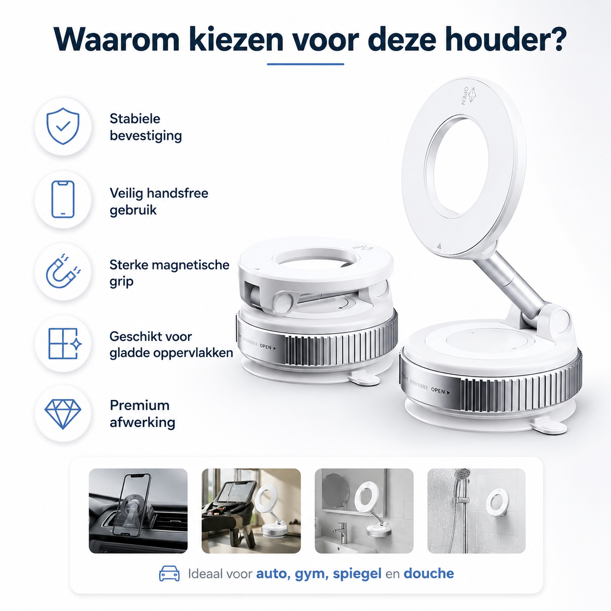 BeBulk Nutrition 360° drehbare magnetische Vakuum-Handyhalterung – Freisprechfunktion, ausziehbar, für Auto, Fitnessstudio, Spiegel und Dusche