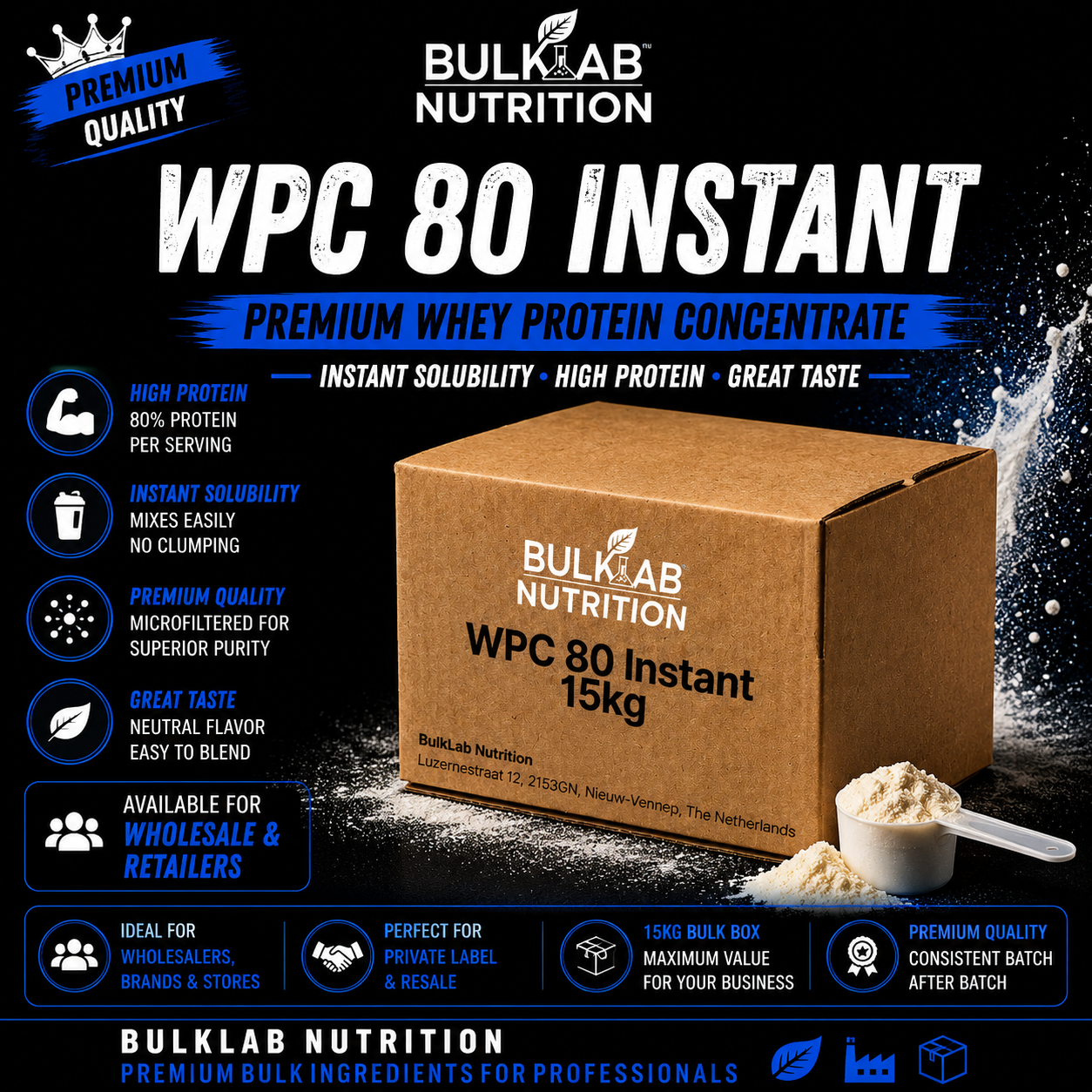 Instant-Molkenproteinkonzentrat – Großpackung Pulver – BulkLab Nutrition 